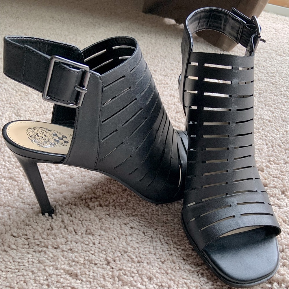 Vince Camuto Black Laser-Cut Peep Toe Slingback Heels